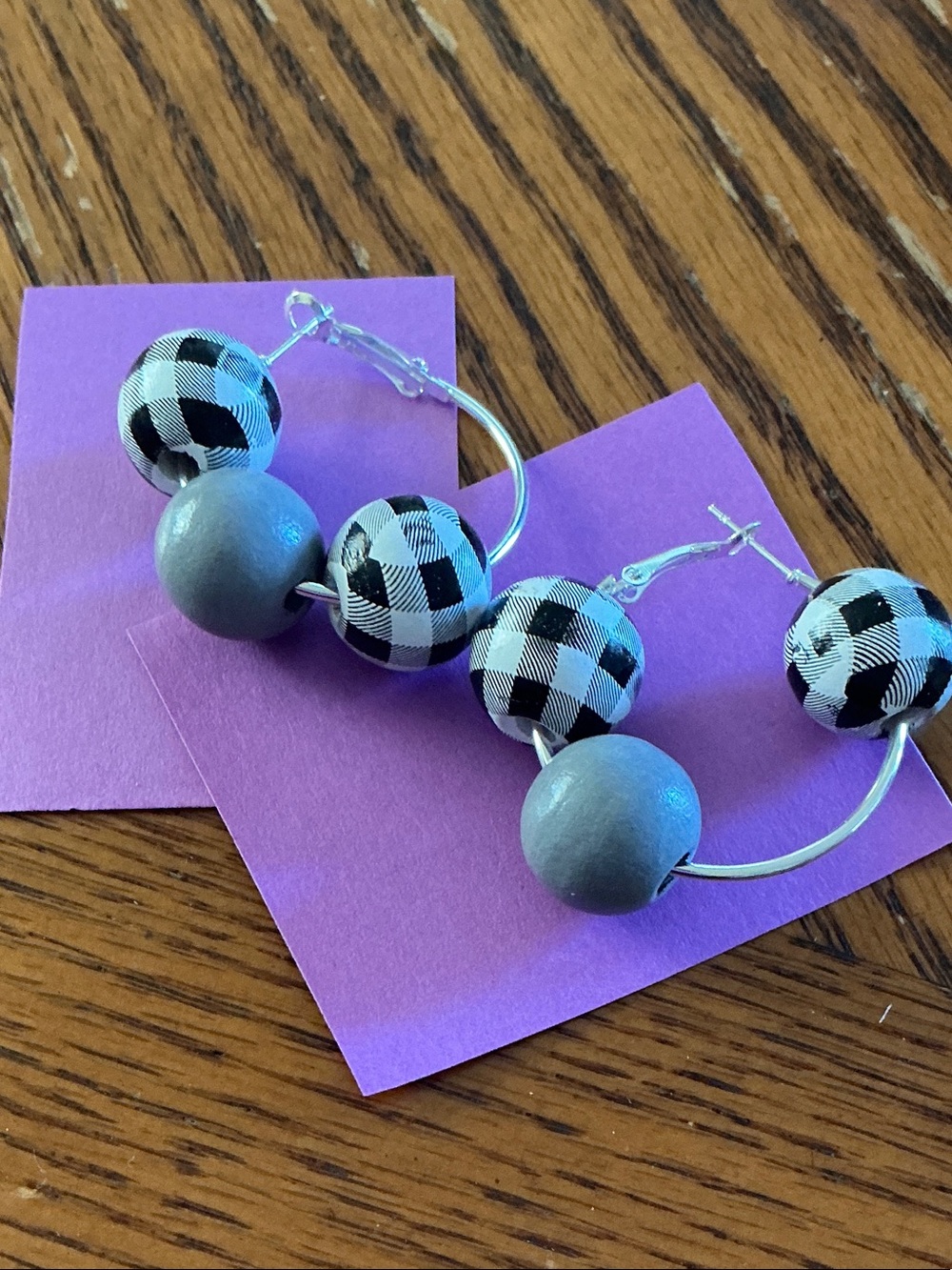 Handmade Black & White Buffalo Check Hoop Earrings with Gray Beads